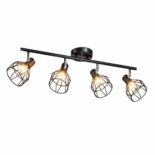 4-Light Black Adjustable Metal Wire Cage Track Lighting Kit with 4 E12 Heads for Kitchen and Living Room