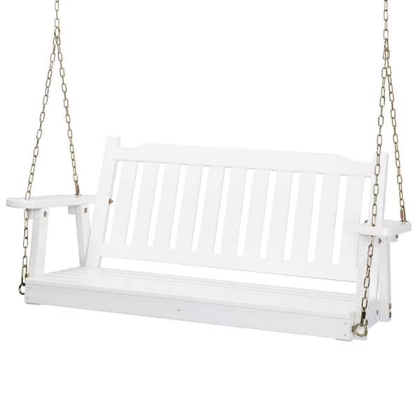 3.6 ft. 2-Person White Wood Porch Swing with Chain