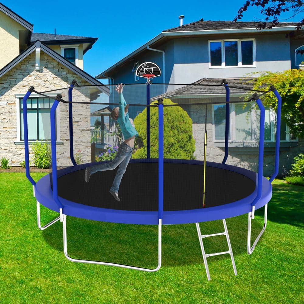 SUNRINX 12 ft. Blue Round Trampoline with Safety Enclosure Net and