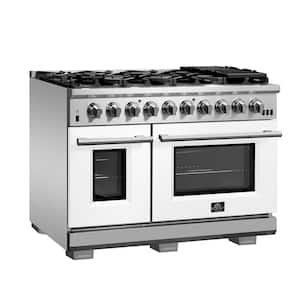 48 in. 6.58 cu. ft. Freestanding Double Oven Gas Range with 8 Italian Burners in. Stainless Steel with White Door