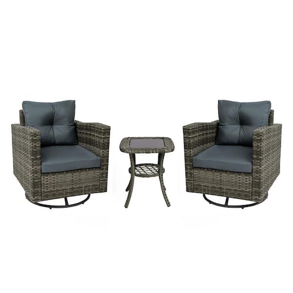 Uixe 2-Person Gray-Brown Wicker Outdoor Rocking Chairs Seating Group with Dark Gray Cushions and Coffee Table (Set of 2)