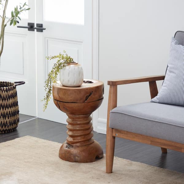 Litton Lane 13 in. Brown Handmade Live Edge Medium Round Wood End Table with Coiled Base