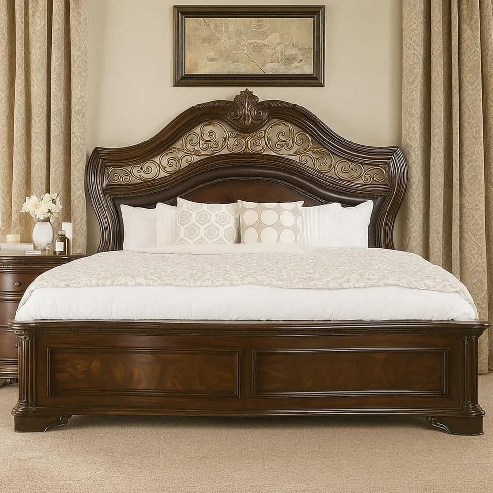 Benjara Odora Brown Cherry and Gold Wood Frame Queen Panel Bed
