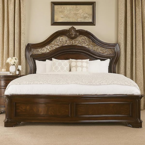 Odora Brown Cherry and Gold Wood Frame Queen Panel Bed with Upholstery Headboard