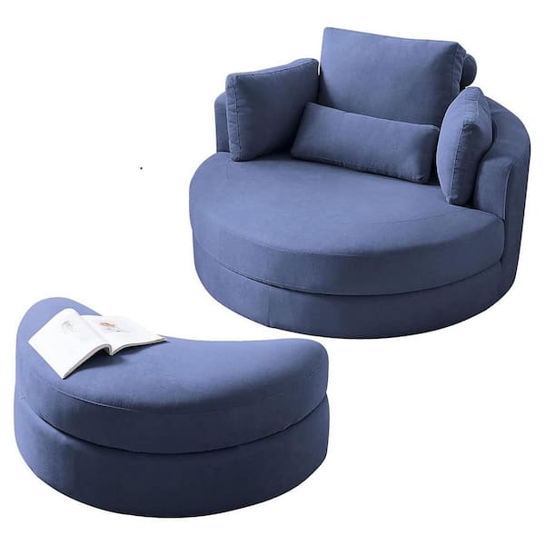 Unbranded Blue Swivel Accent Barrel Linen Fabric Round Arm Chair with Storage Ottoman and Cushions