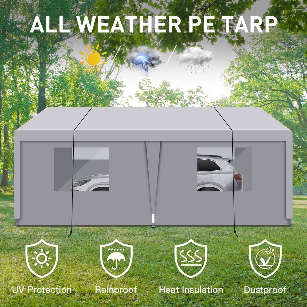 Gray 10' x 20' Portable Metal Frame Carport with Windows