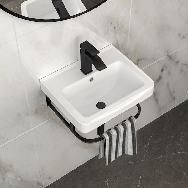 Lyero 17 in. Wall Mount Bathroom Sink White Ceramic with Black Towel Bar, Overflow and Black Faucet
