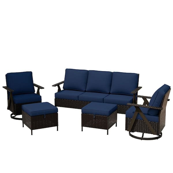 5-Piece Patio Outdoor Furniture Patio Conversation Set with Swivel Rocking Chairs and Blue Cushions