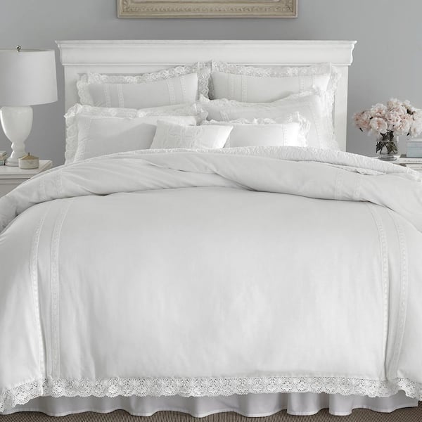Laura Ashley Annabella 3-Piece White Solid Cotton King Duvet Cover