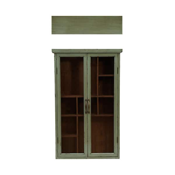Storied Home Distressed Green 31.5 in. Display Cabinet with Brass Finish Pulls, 9-Sections and 2-Glass Doors
