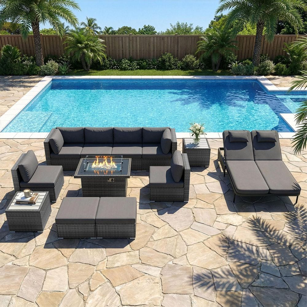 12-Piece PE Wicker Outdoor Patio Conversation Sectional Sofa Set with Fire Pit Table, Double Chaise, Gray Cushions price history on PriceWatchPro