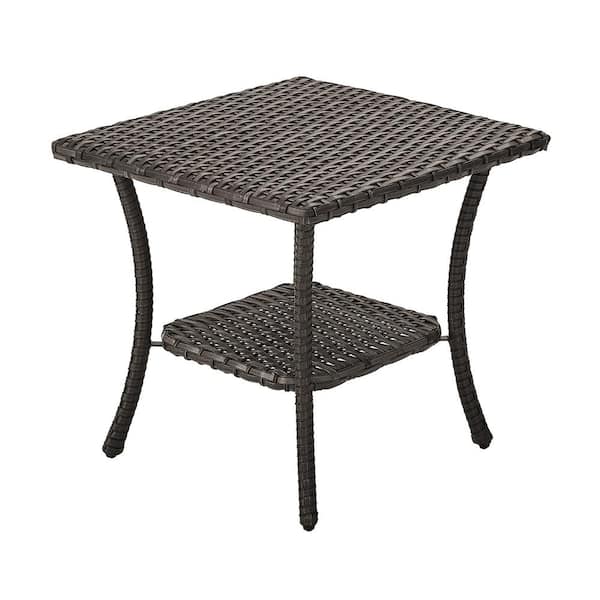 Pocassy Brown Outdoor Wicker Patio Side Table with 2-Layer Storage Furniture Tables for Garden, Porch, Backyard