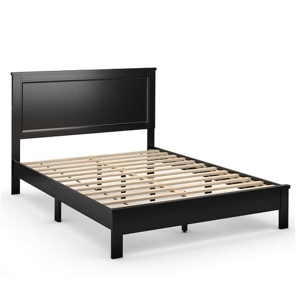 ANGELES HOME Black Wood Full Platform Bed Frame with Headboard, No Box Spring Needed