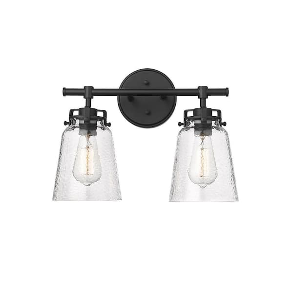 Amberose 15.9 in. 2-Light Matte Black Vanity Light with Clear Hammered Glass