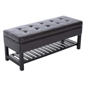 44 in. Dark Brown Tufted Faux Leather Ottoman Storage Bench with Shoe Rack