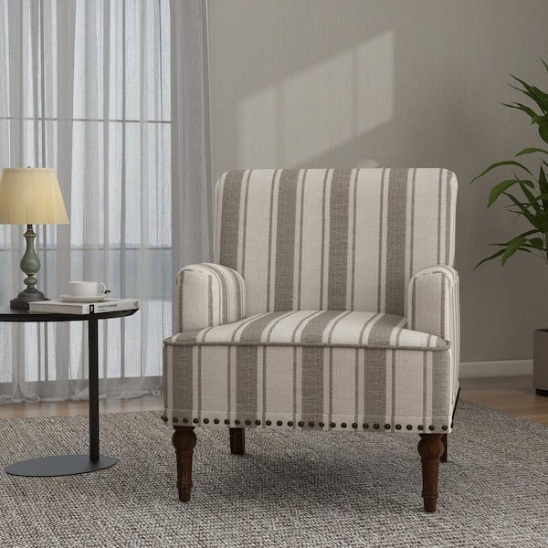 Uixe Mid-Century Modern Gray And Beige Striped Accent Arm Chair with Wood Legs (Set of 1)