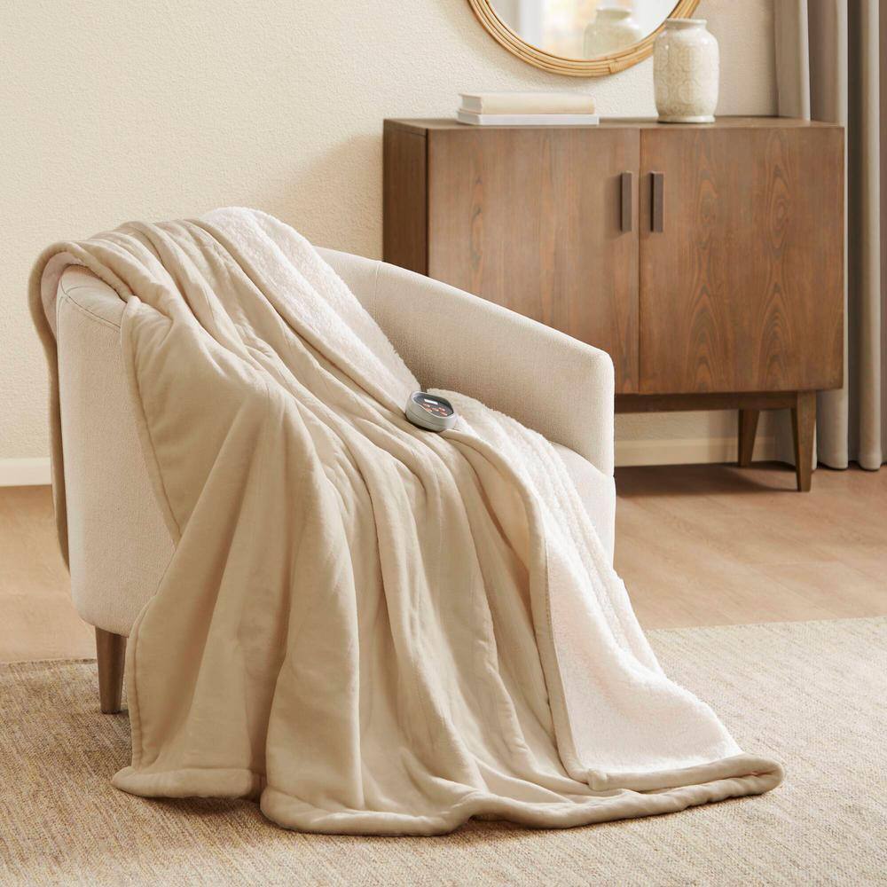 Queen Tan Sherpa Knitted Reversible Heated Blanket