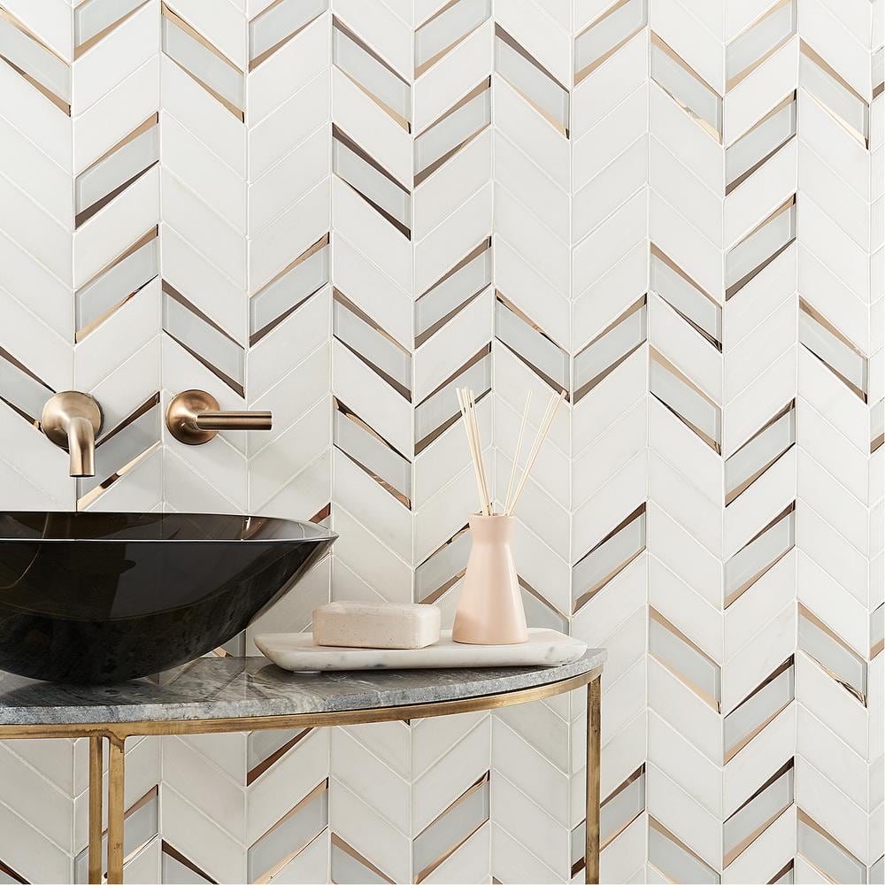 Verona Polished White Marble and Glass Chevron Mosaic Tile
