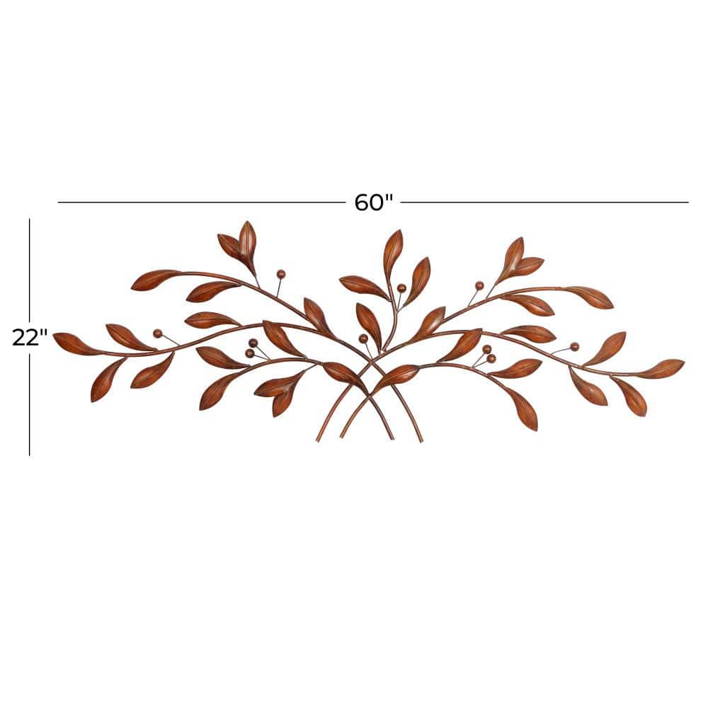 Brown Metal Leaf Branch Wall Sculpture with Brushed Finish