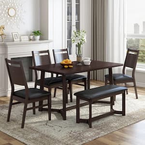 Dark Brown Farmhouse 6-Pcs Rectangular MDF Top Dining Table Set with 4 Upholstered Chairs and Bench