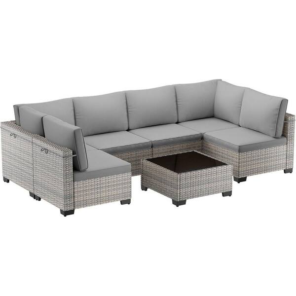 muphyers 7-Piece Wicker Outdoor Sectional Set Sofa Couch with Grey
