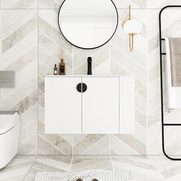 JimsMaison 30 in. W x 18 in. D x 20 in. H Single Sink Wall-Mounted Bath Vanity in White with White Ceramic Top