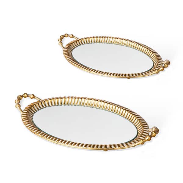 Glitzhome Oval Metal Gold Mirrored Decorative Trays with Handles（Set of 2）