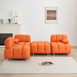 88.97 in. Wide Pillow Top Arm Faux Leather L-Shaped Modern Upholstered Sofa in Orange