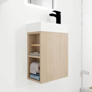 16 in. Wall Mounted Floating Light Oak Storage Bathroom Vanity with Single Gel Sink, Soft Close Door for Small Bathroom