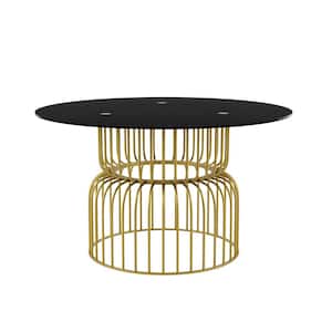 Cendrik 54 in. Gold Powder Coating and Black Glass Round Dining Table