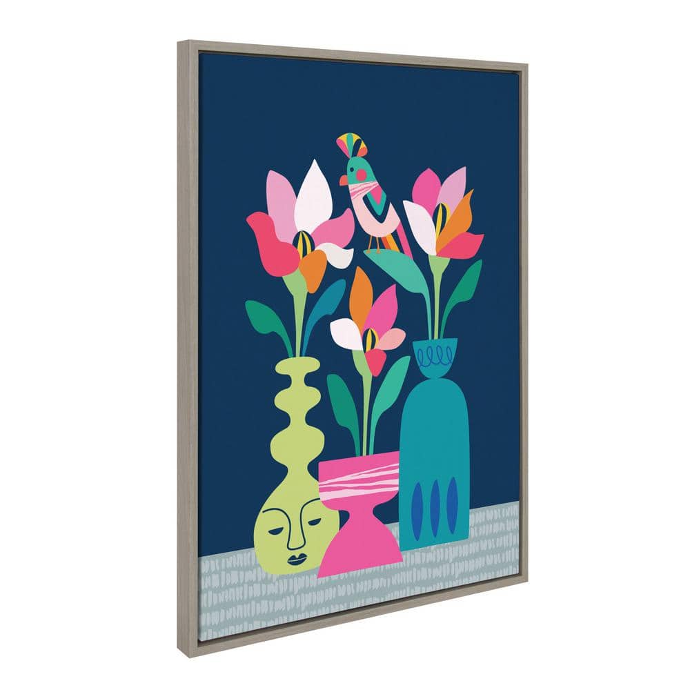 Mid Century Modern Multicolor Floral Canvas Print with Gray Frame
