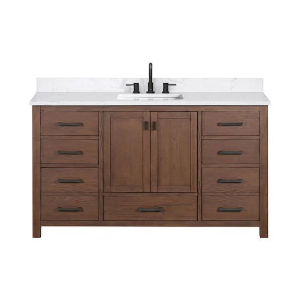 Modero 61 in. Single Sink Mocha Oak Bath Vanity with Cala White Engineered Stone Top