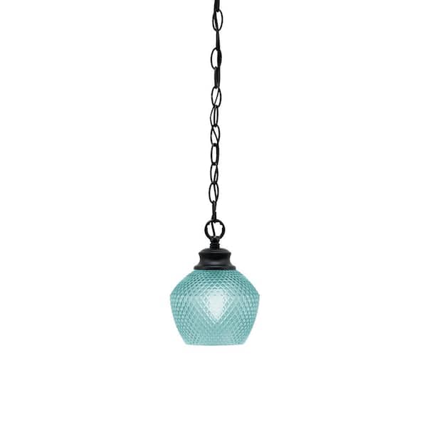 Unbranded Tyler 60-Watt 1-Light Matte Black Chain Mini Pendant Light with Turquoise Textured Glass Shade