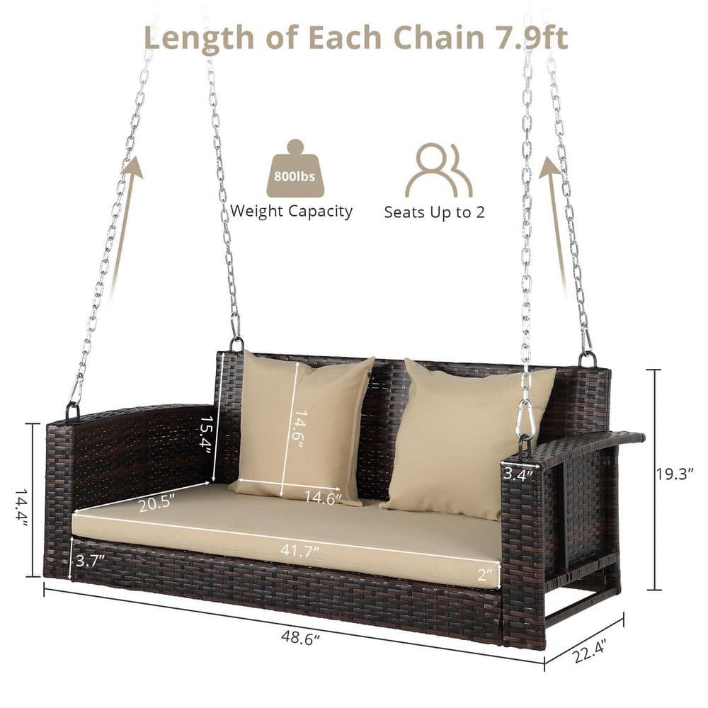 Brown Wicker Steel Porch Swing with Beige Cushions