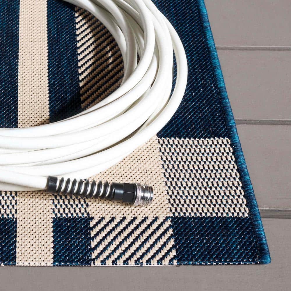 Navy and Beige Plaid Indoor/Outdoor Synthetic Area Rug