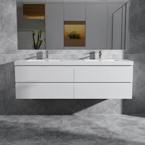 Alice 72 in. W x 20 in. D x 22 in. H Double Floating Vanity in Gloss White with Solid Surface Sink Top in White