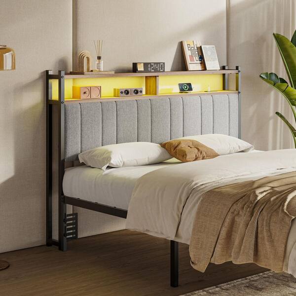 Gray Queen Linen Upholstered Storage Headboard LED Headboard with Charging Station
