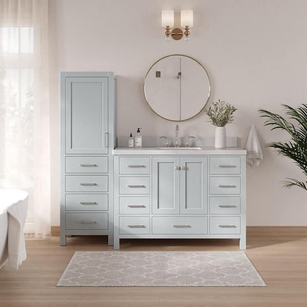 Cambridge 48 in. Single Sink Bath Vanity with Carrara White Quartz Top and Linen Cabinet in Gray