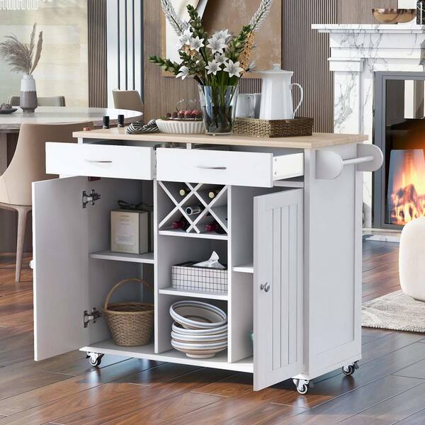 White Store Kitchen Island Cart with 2 Storage Cabinets and 4