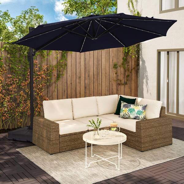 CASAINC 11 ft. Steel Cantilever Solar LED Patio Umbrella in Navy with Crank  and Base SM350BL_LED - The Home Depot