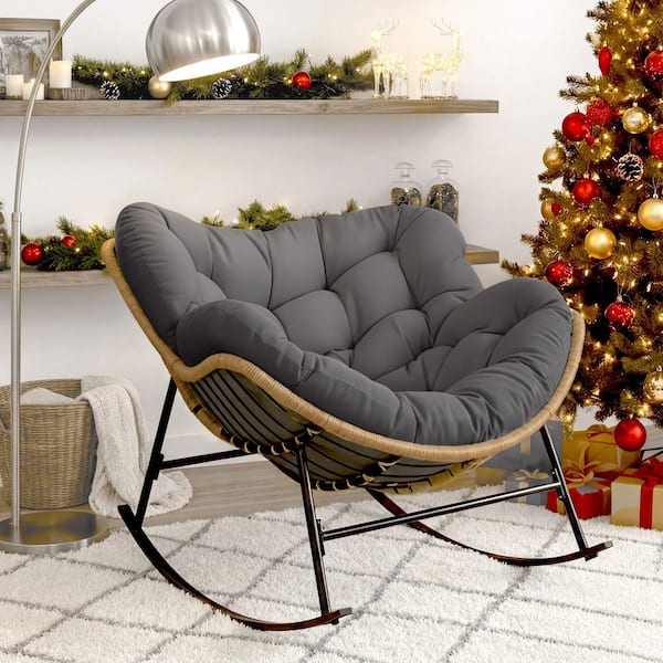 Oversized Beige PE Wicker Outdoor Rocking Chair Papasan Chair with Gray Cushion