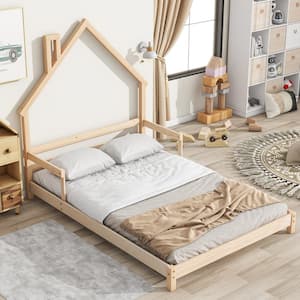 Natural Wood Frame Full Size House Platform Bed, Floor Bed with Chimney and Roof Design, Slats