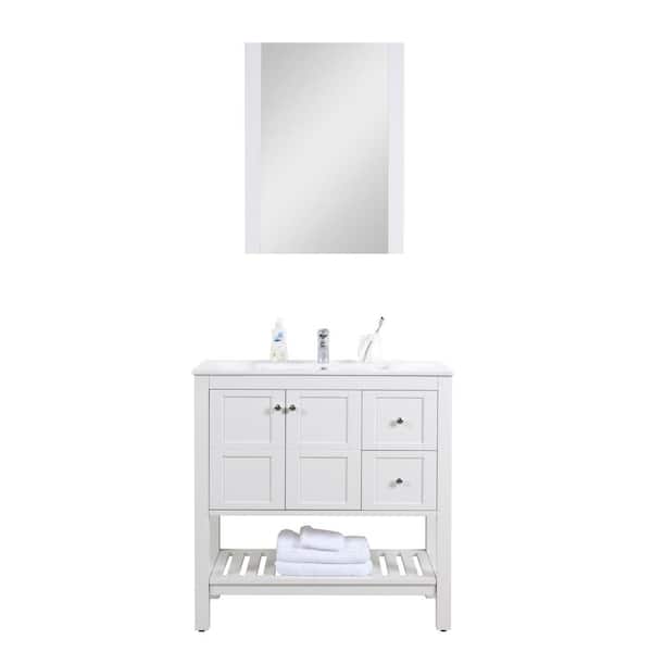 Unbranded Manhattan 36 in. W x 18 in. D Bath Vanity in White with Ceramic Vanity Top in White with White Basin and Mirror