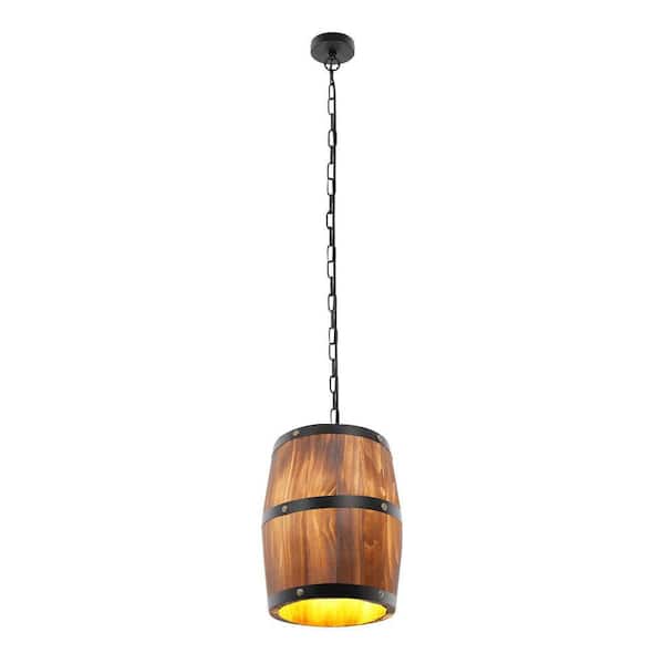 1-Light Brown Retro Cage Wood Barrel Pendant Light with Wood Shade