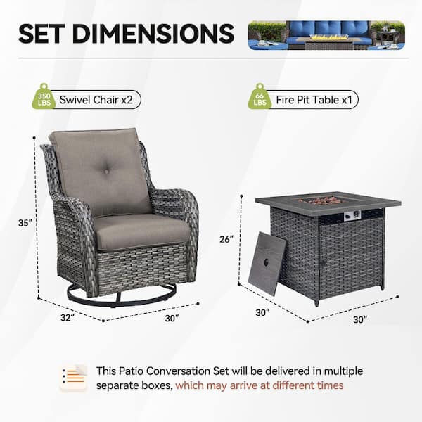 3-Piece Gray Wicker Outdoor Dining Set with Olefin Gray Cushions Fire Pit Sets with Swivel Gliders for Patio