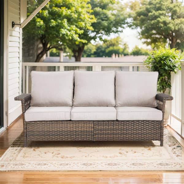moosprr Modern 3-Seat Brown PE Wicker Outdoor Couch with Olefin Beige Cushions and Seagull Armrest