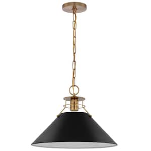 Outpost 60-Watt 1-Light Burnished Brass Pendant Light with Matte Black Metal Shade with No Bulbs Included