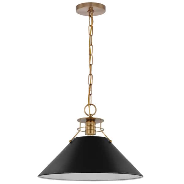 SATCO Outpost 60-Watt 1-Light Burnished Brass Pendant Light with Matte Black Metal Shade with No Bulbs Included