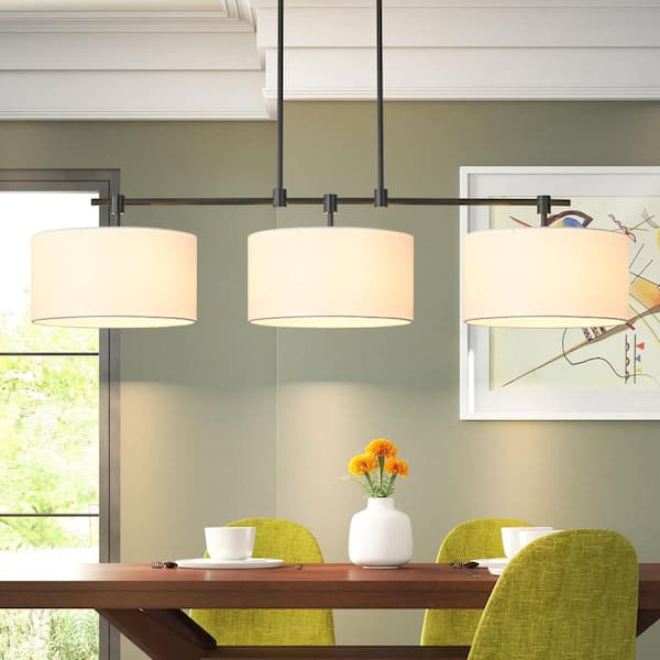 Charvic 3-Light Modern Farmhouse Black Linear Drum Fabric Pendant Light /Kitchen Island Lights with Fabric Shade