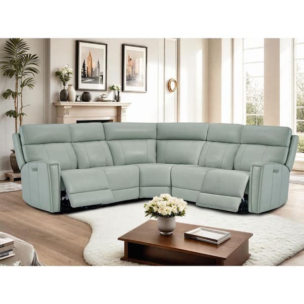 Rhett 104 in. Genuine Leather Power Reclining Sectional Sofa With Zero Gravity, 2 Stationary Armlesschairs in. SeaFoam